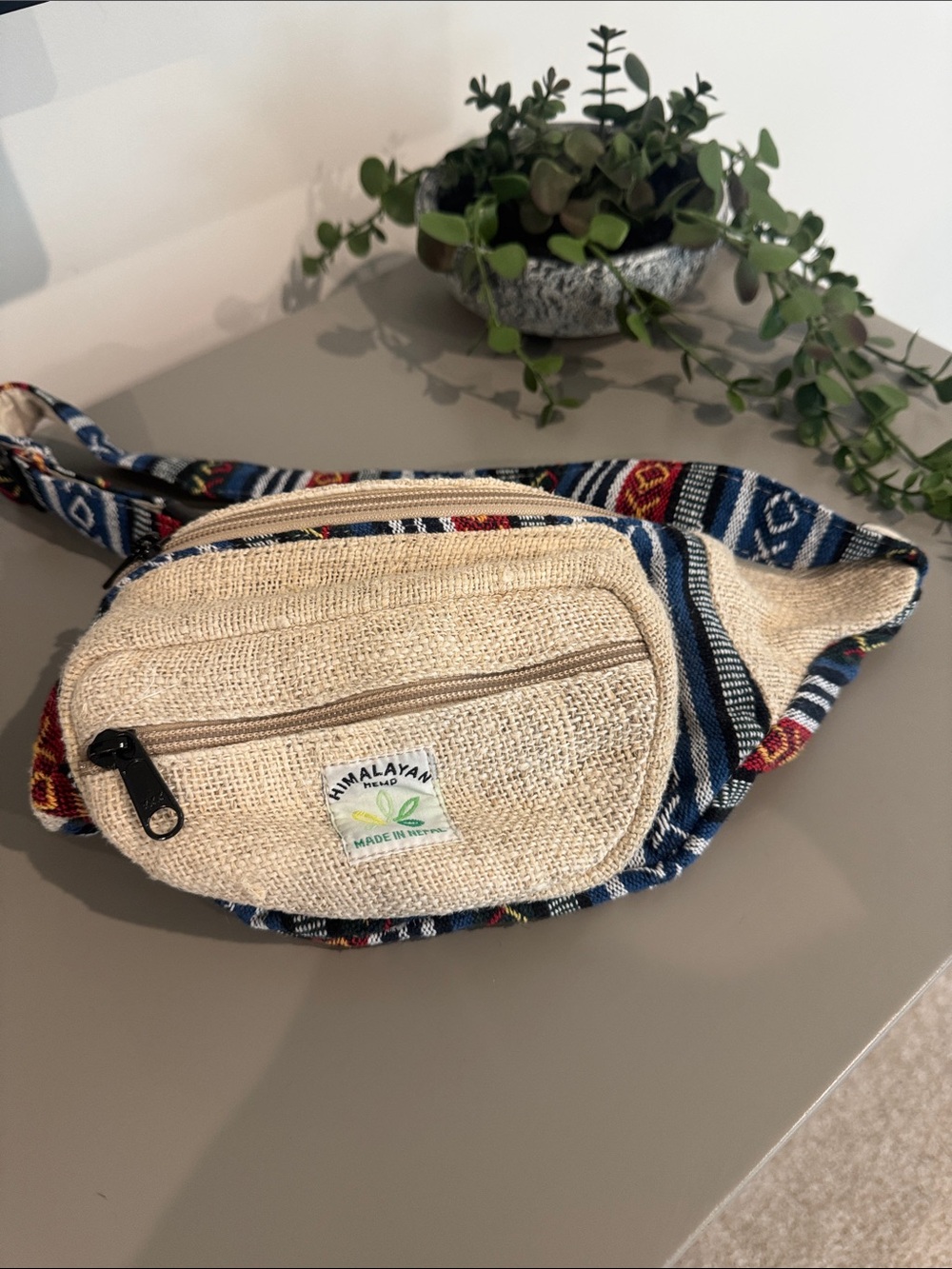 Hemp Beige & Blue Woven Waist Bag
